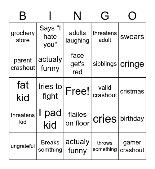 Kid crashout Bingo Card