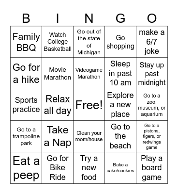 Spring Break Bingo Card