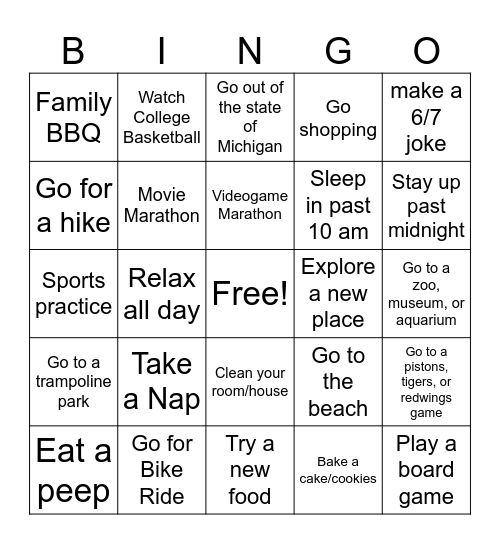 Spring Break Bingo Card