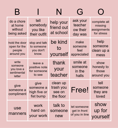 Kindness Week Bingo Card
