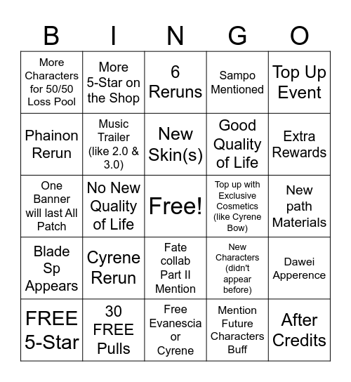 HSR ANNIVERSARY Bingo Card