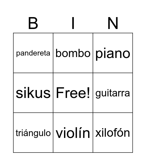 Instrumentos musicales Bingo Card