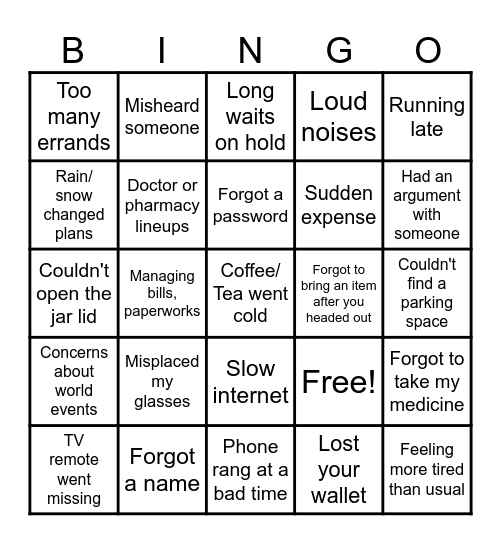 Stressful Moments Bingo Card