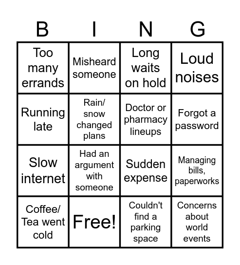 Stressful Moments Bingo Card