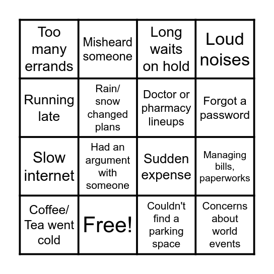 Stressful Moments BINGO Card