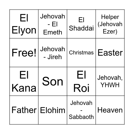 Names of God Bingo Card