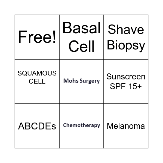 Skin Cancer Bingo Card