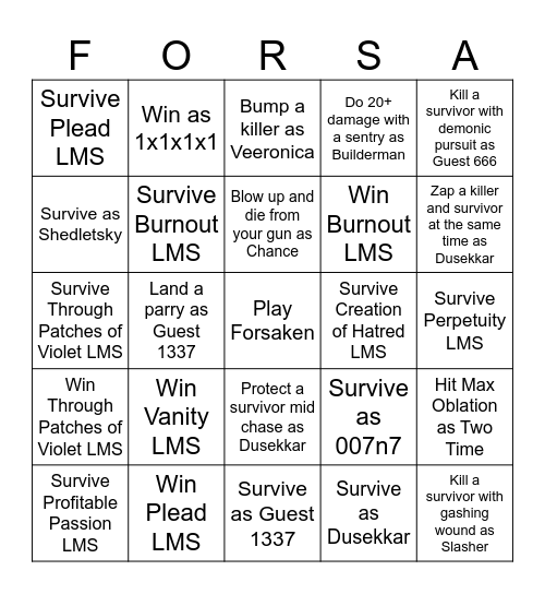 Forsaken Bingo (Win=killer, survive=survivor) Bingo Card