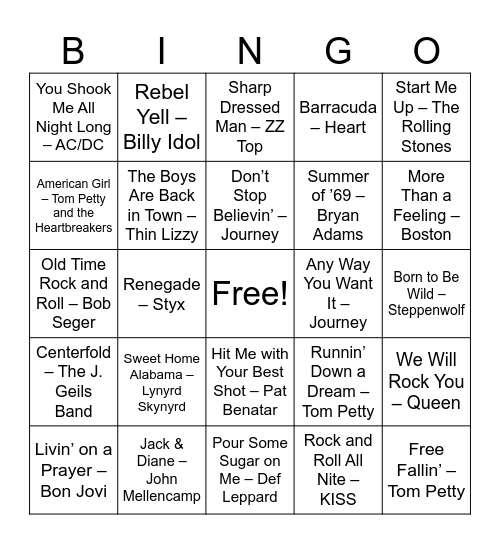 Classic Rock & Big Sing-Alongs Bingo Card