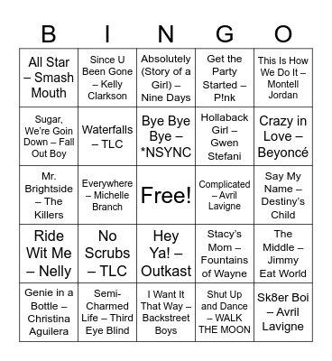 90s & 2000s Bar Bangers Bingo Card