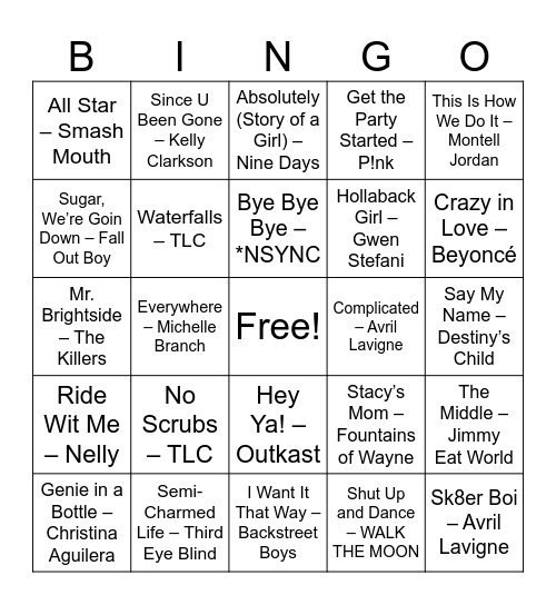 90s & 2000s Bar Bangers Bingo Card