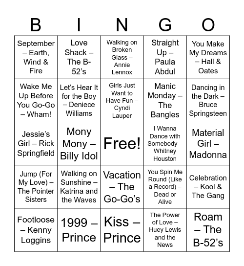 Feel-Good Throwback Jams Bingo Card