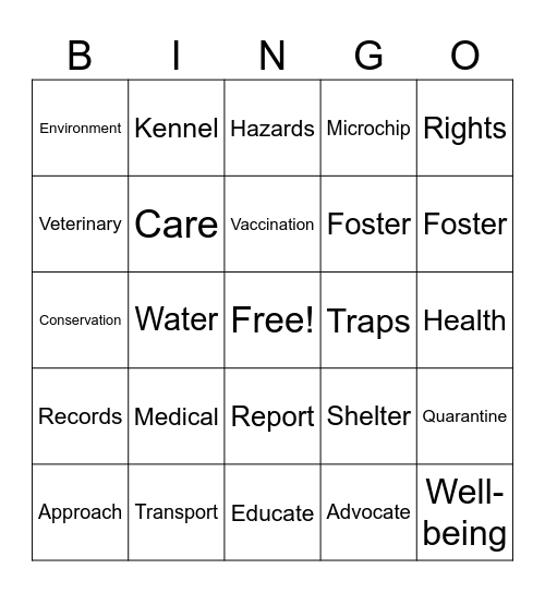 Animal Rescue Bingo Card