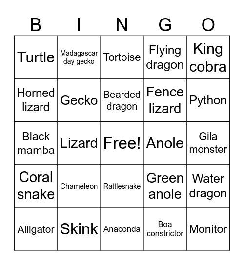 Reptiles Bingo Card