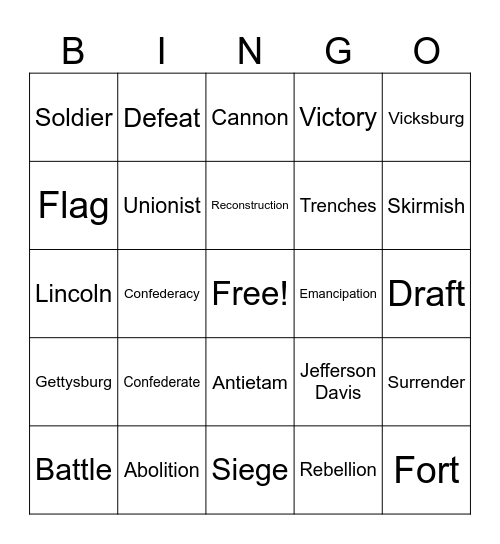 Civil War Bingo Card