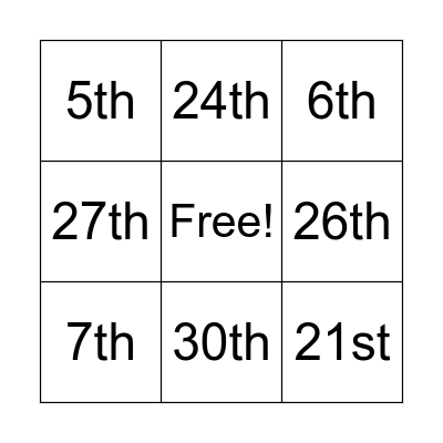 Ordinal Numbers Bingo Card