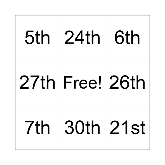 Ordinal Numbers Bingo Card