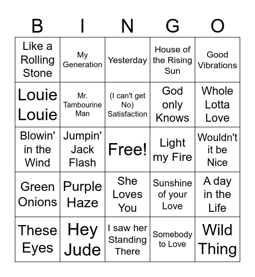 60s Rock Game 1 Bingo Card