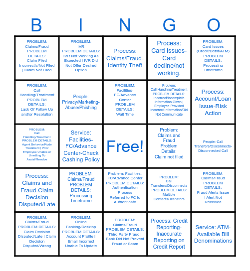 Complaint Capture Bingo Card