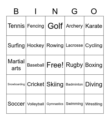 Types of Sports Bingo Card