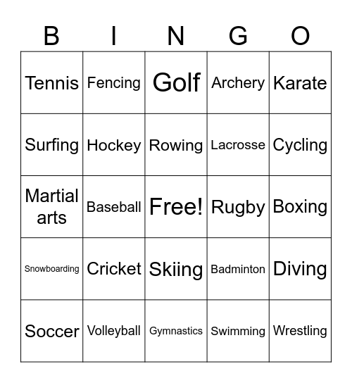 Types of Sports Bingo Card