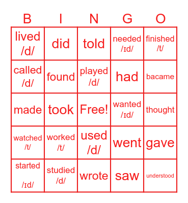 Verbs in past Bingo Card