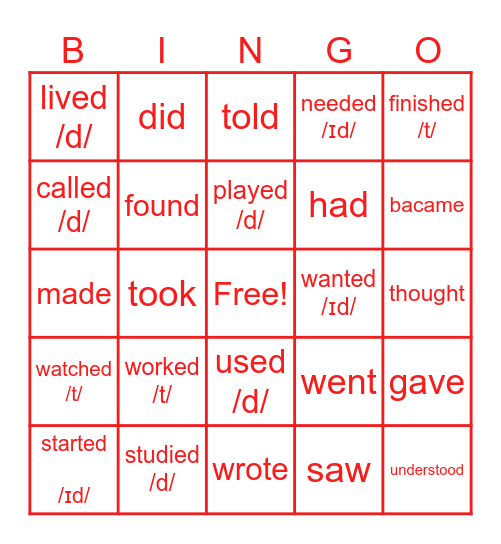 Verbs in past Bingo Card