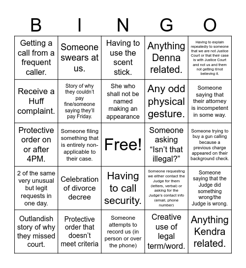 Judicial Assistant Bingo Card