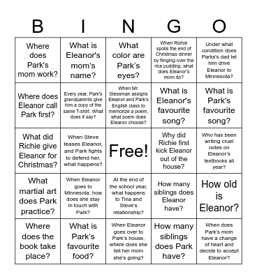 Eleanor & Park Bingo Card