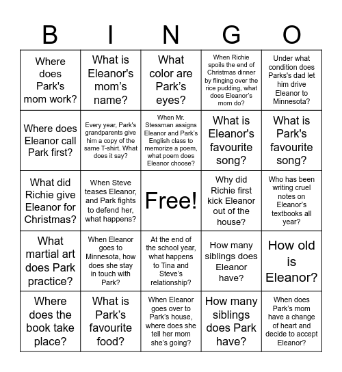 Eleanor & Park Bingo Card
