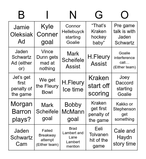 Jets vs Kraken Bingo Card