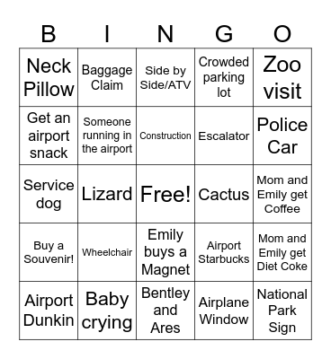 Arizona Trip Bingo Card