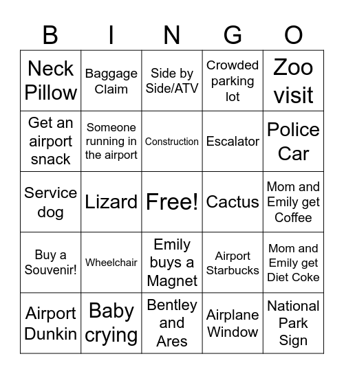 Arizona Trip Bingo Card