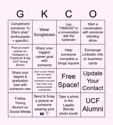 UCF Young Alumni Legally Blonde Takeover Bingo Card