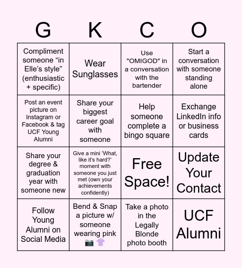UCF Young Alumni Legally Blonde Takeover Bingo Card