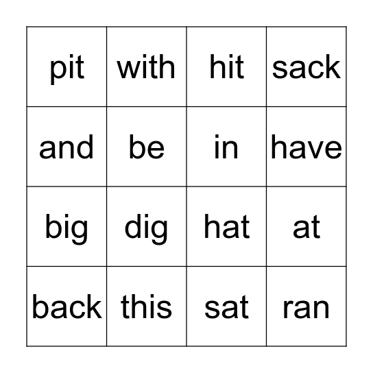 Bingo Words Bingo Card