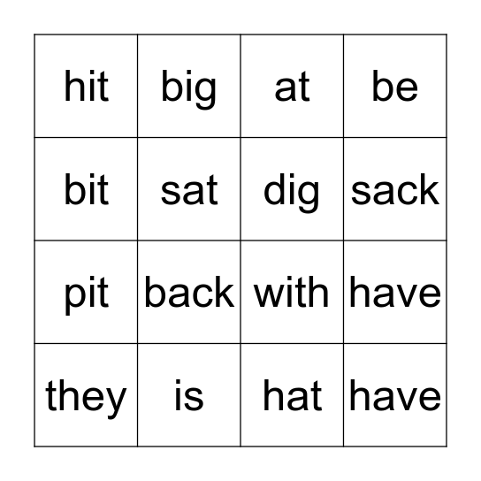 Bingo Words Bingo Card