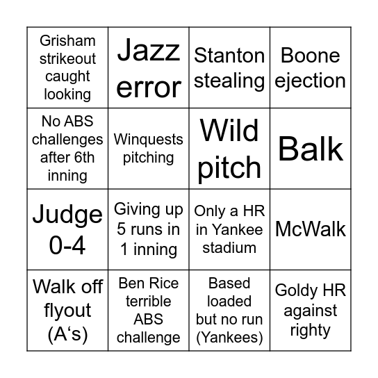 Yankees BS bingo Card
