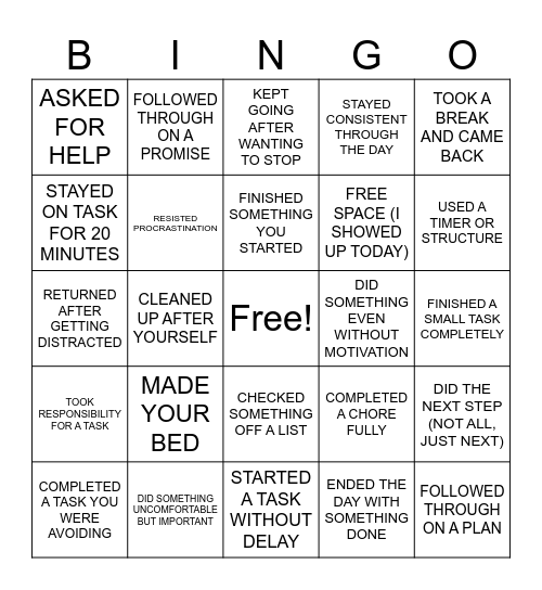 Follow Through Bingo Card