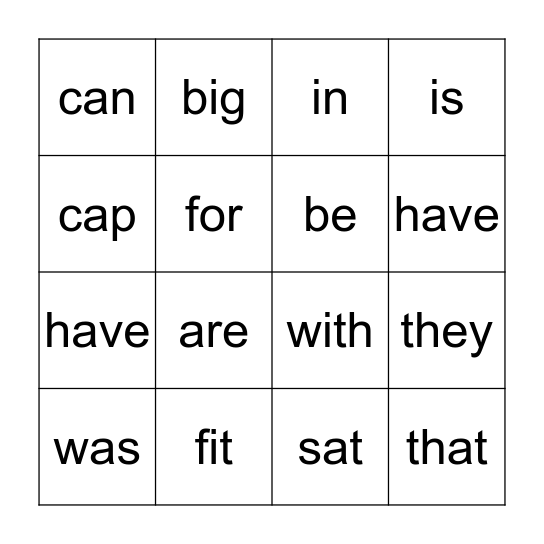 Bingo Words Bingo Card