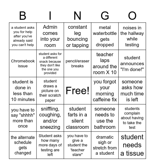 State Testing Bingo Card