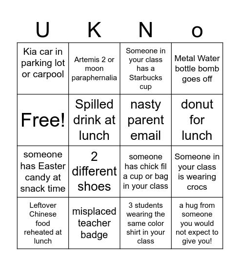 Post Spring Break Teacher Times Bingo Card