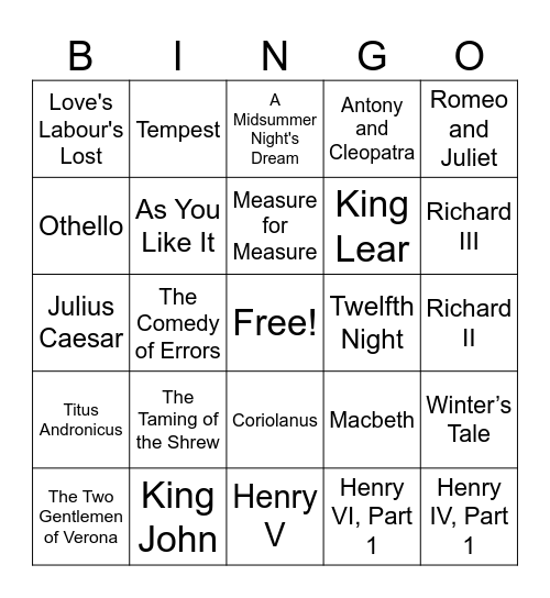 SHAKESPEARE B-DAY BINGO Card