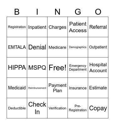 Patient Access Bingo Card