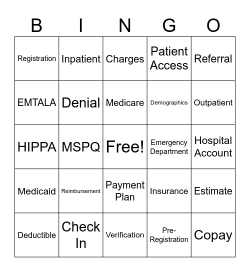 Patient Access Bingo Card