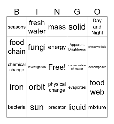 Science Review Bingo Card