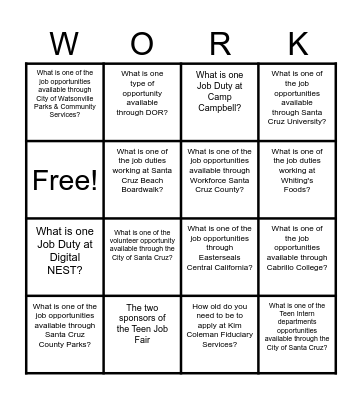 Teen Job Fair Bingo Card
