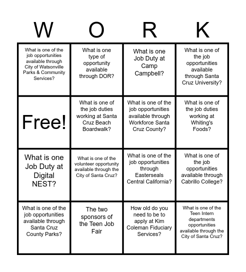 Teen Job Fair Bingo Card