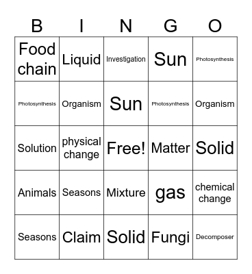 Science Review Bingo Card
