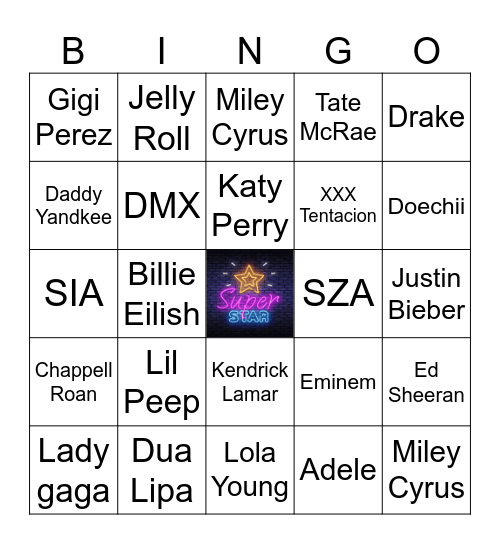 Superstar Artists Bingo Card